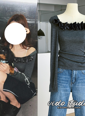 赵露思同款灰色立体玫瑰一字领露肩针织打底衫修身法式芭蕾风上衣