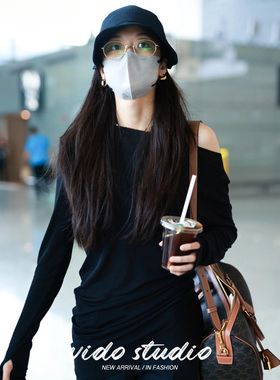 孙千同款黑色一字领斜肩天丝上衣薄微透褶皱长袖露肩防晒T恤衫女