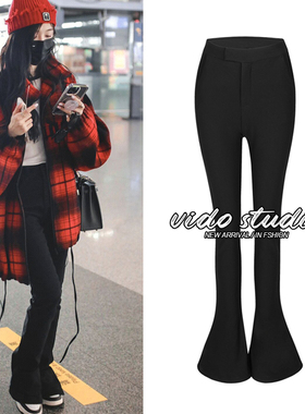 孟佳明星同款黑色加绒马蹄裤女秋冬高腰微喇叭裤修身显瘦紧身裤子