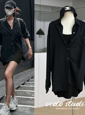 赵露思同款黑色天丝长袖牛仔衬衫女垂感防晒外套薄休闲慵懒上衣潮