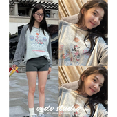 T恤韩版 欧阳娜娜章若楠同款 字母卡通印花撞色长袖 宽松慵懒风上衣