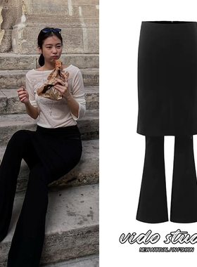 Jennie金智妮同款黑色假两件微喇叭裤裙女修身弹力显瘦裙摆长裤子