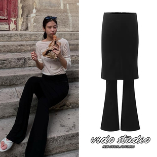 Jennie金智妮同款黑色假两件微喇叭裤裙女修身弹力显瘦裙摆长裤子