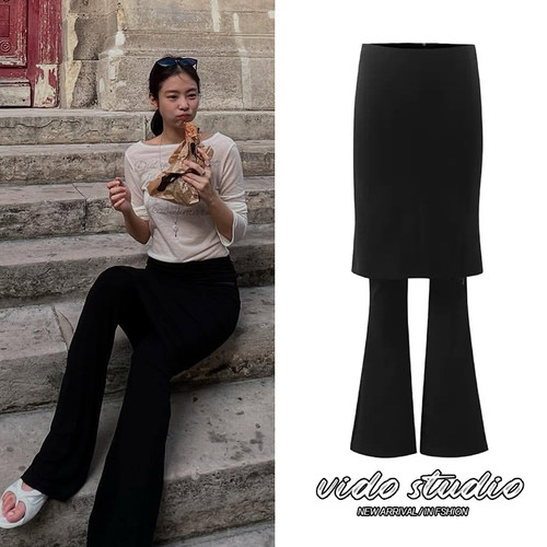 黑色假两件微喇叭裙裤修身长裤