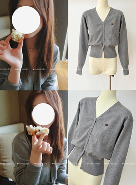 赵露思同款灰色V领长袖针织衫女25春秋短款开衫显瘦韩系气质毛衣