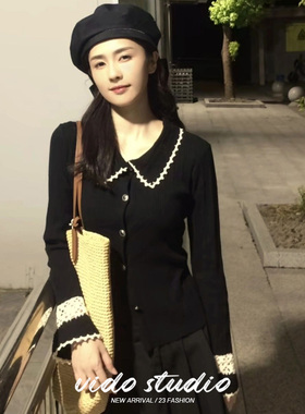 白鹿同款黑色娃娃领蕾丝边长袖针织开衫女法式复古显瘦修身毛衣秋