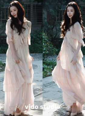 易梦玲同款法式粉色泡泡袖连衣裙女气质网纱蛋糕长裙名媛礼服春秋