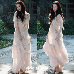 连衣裙女气质网纱蛋糕长裙名媛礼服春秋 粉色泡泡袖 易梦玲同款 法式