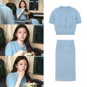 上衣半裙针织套装 爱情怎么翻译高允真同款 蓝色圆领短袖 两件套女春