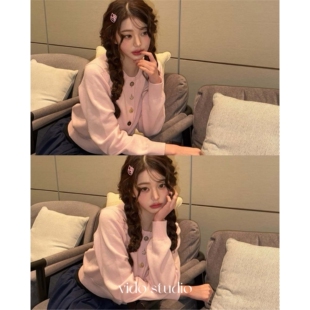 张元英同款韩系慵懒风短款系带针织开衫女色韩系温柔纽扣毛衣外套