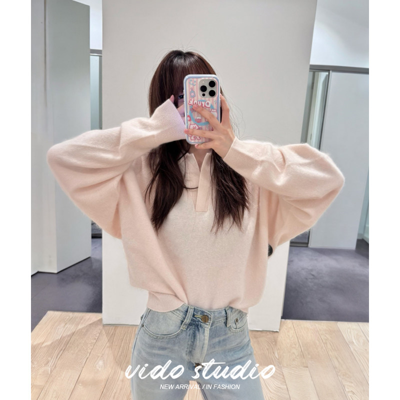 秋冬甜美粉色羊毛针织打底衫毛衣