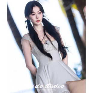 一枝南南同款蕾丝飞飞袖连衣裙女夏法式芭蕾风纯欲甜妹收腰仙女裙