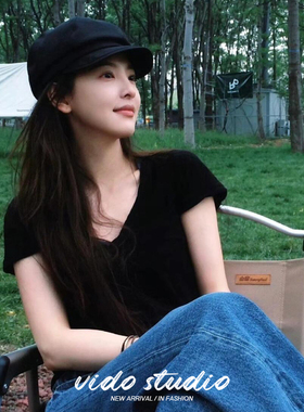 章若楠同款黑色V领正肩短袖T恤女夏季基础款休闲显瘦松弛感上衣薄