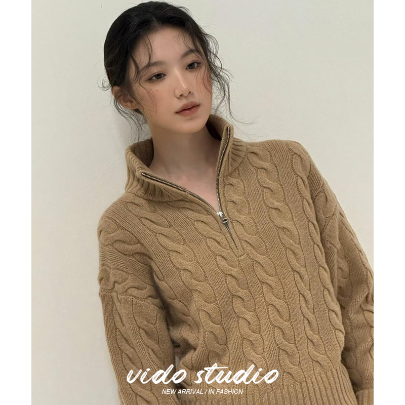 叶舒华同款驼色麻花高领拉链针织衫女25老钱风松弛高级感羊毛毛衣