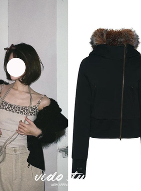 露丝同款黑色显瘦美式加厚绒连帽毛领短款外套女棉服夹克秋冬潮