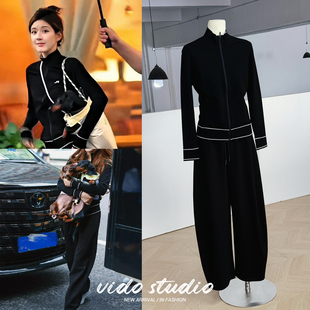 许我耀眼赵露思许妍同款 外套女春秋休闲上衣 黑色显瘦拉链针织开衫