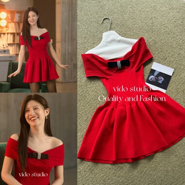 高允真同款法式名媛一字肩红色针织礼服裙生日聚会晚宴裙连衣裙女