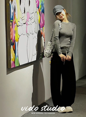 vidostudio黑色香蕉裤女直筒阔腿裤镰刀裤休闲加绒卫裤子厚25秋冬