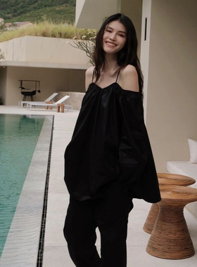 何穗同款黑色长袖细肩吊带露肩衬衫女春夏小众设计感法式气质上衣