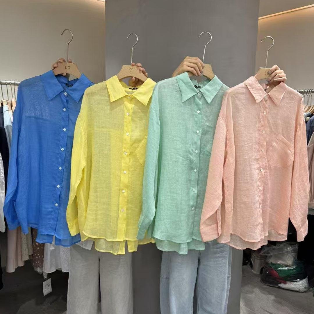 LC韩版翻领苎麻长袖衬衫女上衣