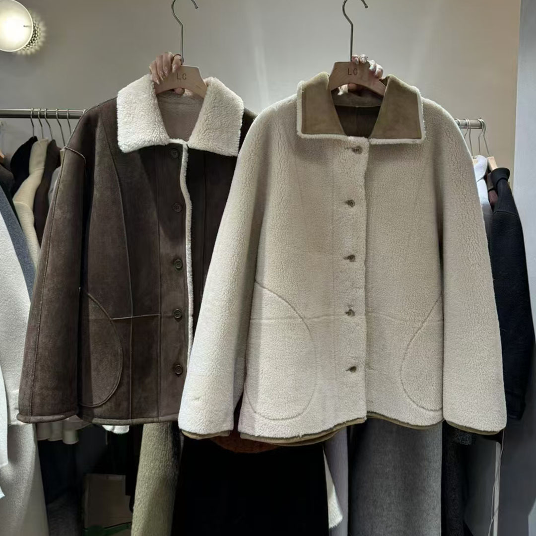 皮毛一体上衣两面穿羊羔毛外套女