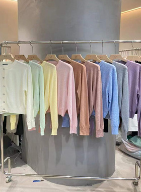 LAS CELULA正品实体店同款豆绿色日系圆领正肩针织开衫女小外套春