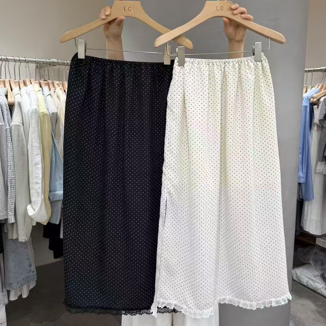 2025夏韩系波点拼接蕾丝半身裙女