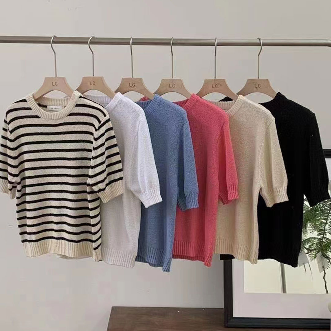 冰丝套头圆领条纹T恤上衣女春季