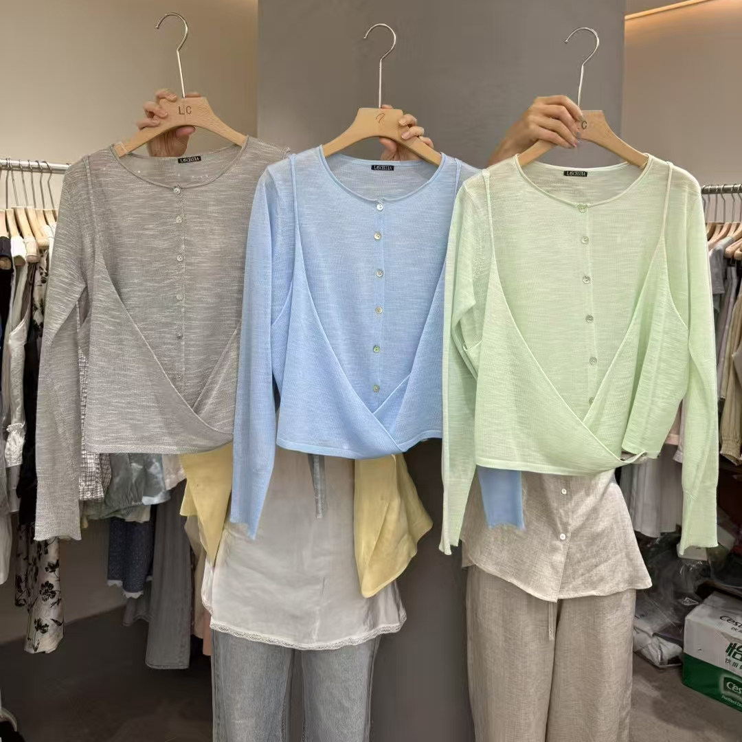 韩版时尚单排扣针织开衫2件套女