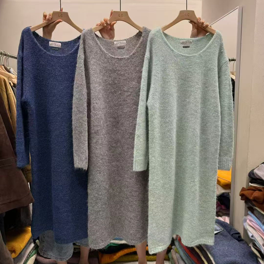 宽松型圆领韩系慵懒风毛衣裙女
