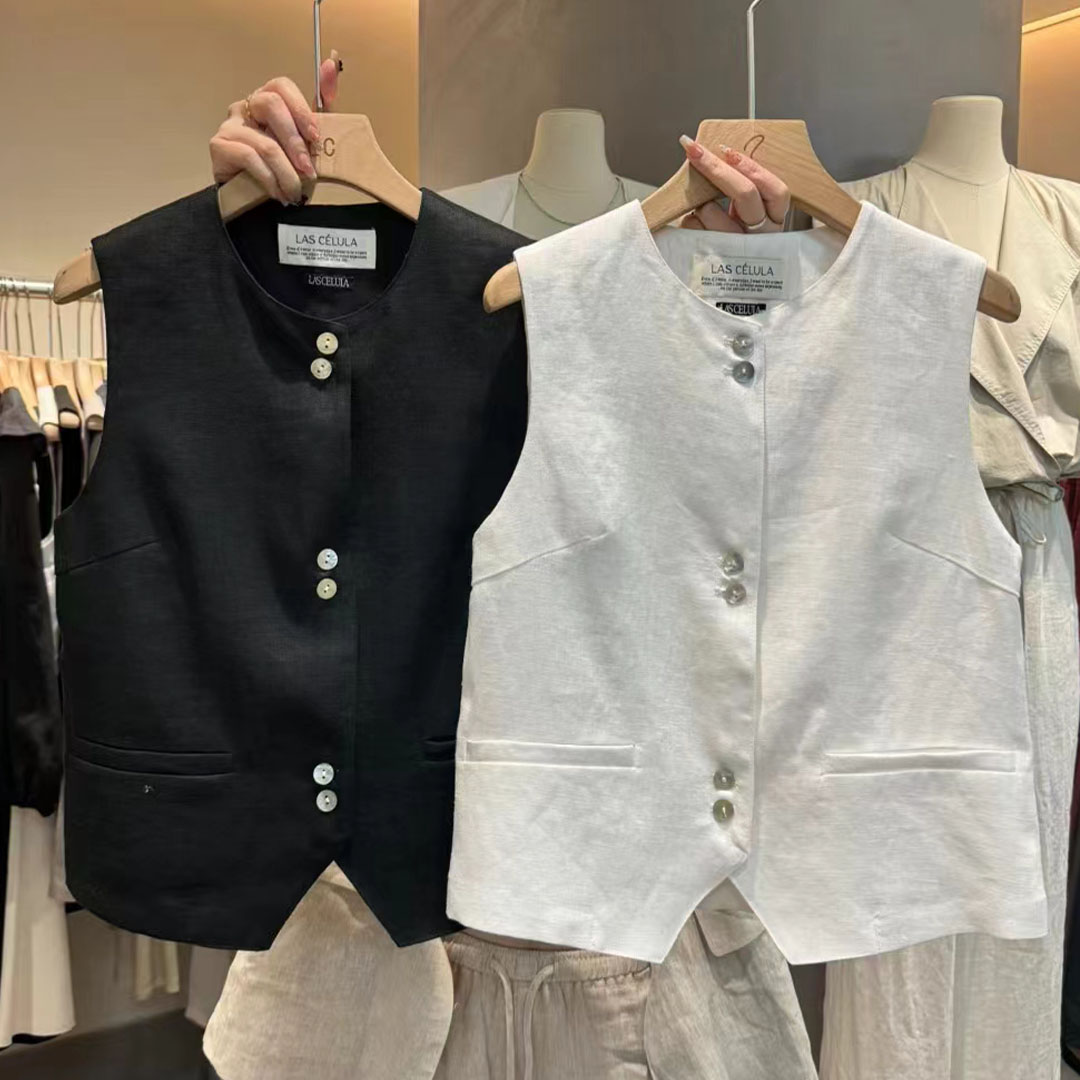 设计感圆领气质亚麻马夹女背心潮