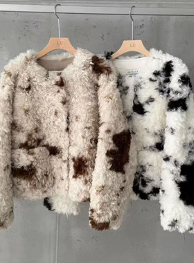 LAS CELULA正品实体店同款韩版宽松V领皮毛一体外套女羊羔毛上衣