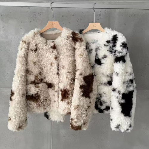 韩版宽松V领皮毛一体外套女