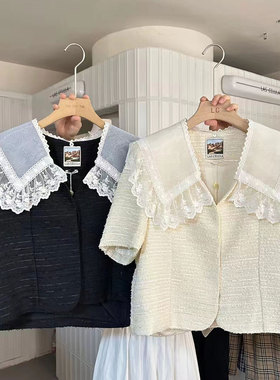 LAS CELULA正品实体店同款娃娃领蕾丝拼接黑色小香风短款外套女潮