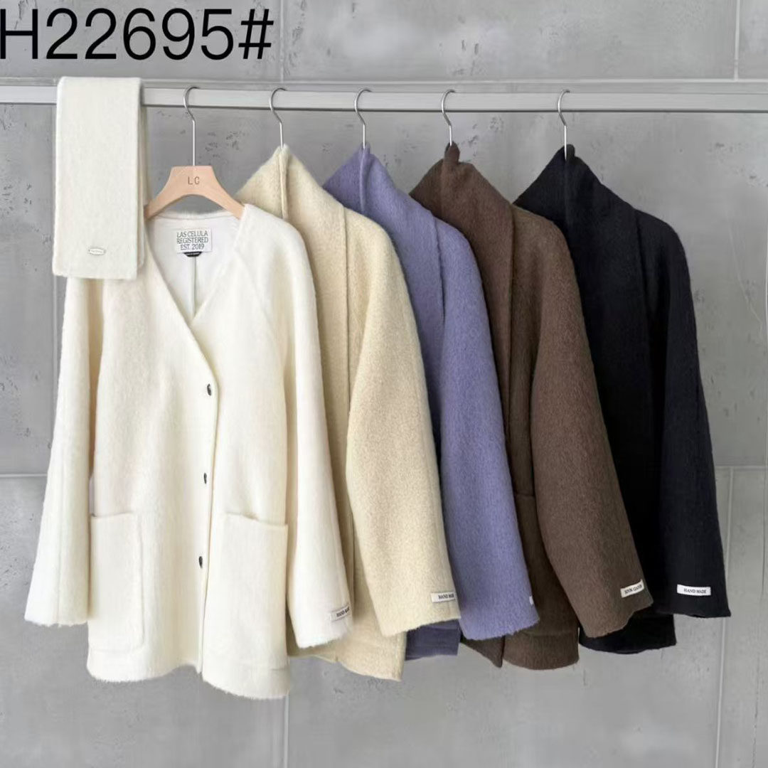 V领围巾双面苏丽羊毛大衣外套女