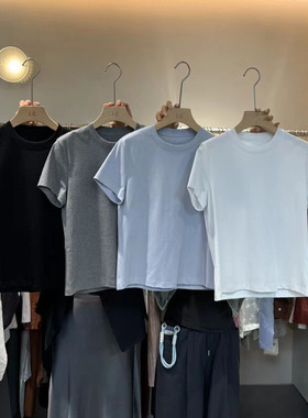 LASCELULA正品实体店同款灰色短款圆领正肩短袖T恤女百搭简约上衣