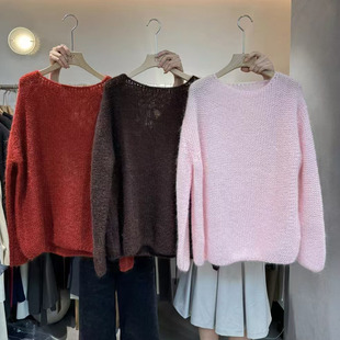 LAS CECELULA正品实体店同款马海毛慵懒风毛衣女套头中长款针织衫