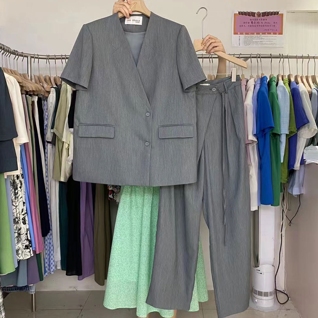 高级雪纺短袖西装二件套女夏季