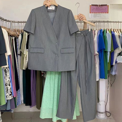 高级雪纺短袖西装二件套女夏季