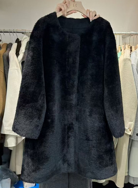 LAS CELULA正品实体店同款黑色圆领皮毛一体外套女中长款宽松大衣