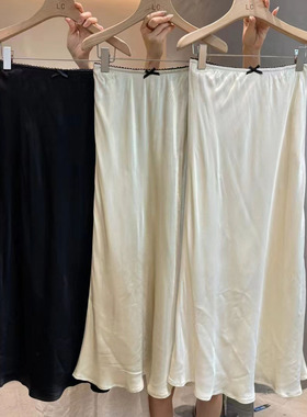 LAS CELULA正品实体店同款高级感黑色缎面半身裙女长款设计感半裙