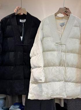 LASCELULA正品实体店同款2024冬新中式V领羽绒棉中长款保暖外套女