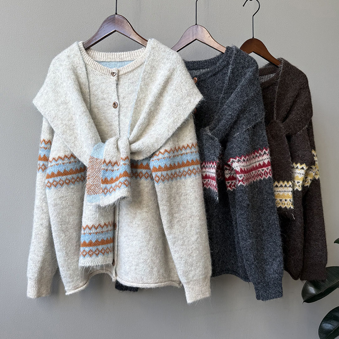 2025冬季新款设计感圆领单排扣提花开衫毛衣女配围巾二件套上衣潮,女装/女士精品,毛衣,淘宝优惠券,粉丝福利购,淘宝优惠卷