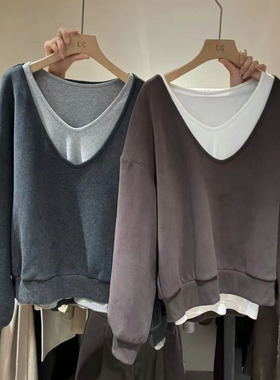 LASCELULA正品实体店同款设计感V领加绒两件套卫衣女宽松保暖上衣