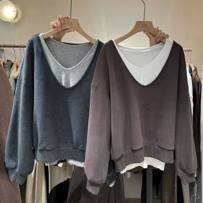 两件套加绒宽松卫衣女V领上衣冬