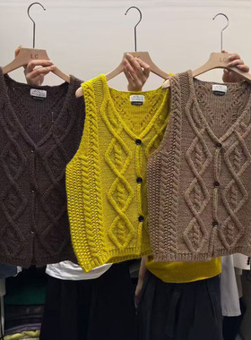 LASCELULA正品实体店同款黄色复古麻花叠穿针织马甲女v领毛衣背心
