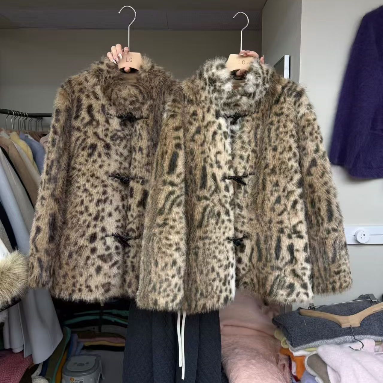 豹纹羊羔毛环保皮草外套女