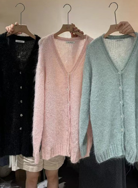 LASCELULA正品实体店同款粉色中长款V领羊驼毛开衫女慵懒风毛衣潮