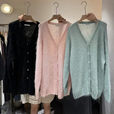 羊驼毛单排扣V领毛衣开衫女秋季