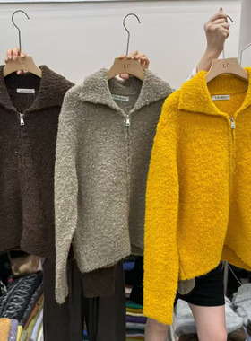 LAS CELULA正品实体店同款韩版宽松翻领拉链针织开衫女毛衣外套潮